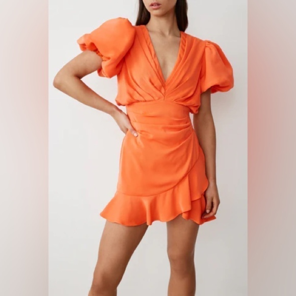 Boskemper Kiki Mandarin Orange Mock Wrap Puff Sleeves Ruffle V Neck Mini Dress S